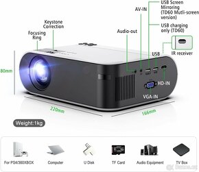 Mini projektor TD60 Přenosné domácí kino /2800 lumenů - 2