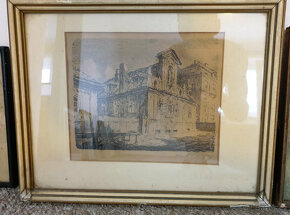 Originální obraz - budova, 1919, podpis, 25x21cm - 2