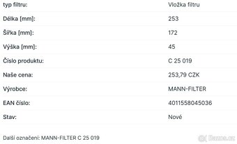 KIA-Vzduchový filtr MANN-FILTER C 25 019 - 3