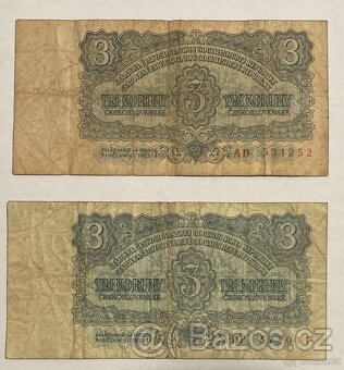 Bankovky 5 koruna, 3 koruna 1961 a 1 koruna 1944 - 3