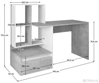 PC stůl NEREO, bílá/šedá beton - 3