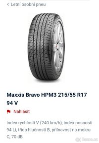 Prodám Letní pneu Maxxis BRAVO 215/55 R17 - 3