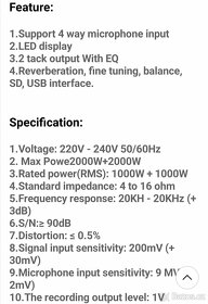 PROFI HIFI ZESILOVAČ 2x1000 W S MIX, EKVALIZER, ECHO, RÁDIO - 4