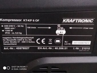 Prodám Bezolejový kompresor KRAFTRONIC KT-KP 6 OF -8 BARŮ. - 4