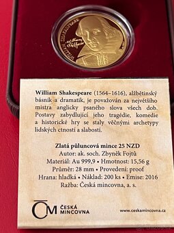 Zlato / zlatá mince 15,56g William Shakespeare proof - 5