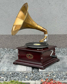 Retro čtyřhranný gramofon s troubou vintage - krásný kus ant - 6