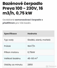 Bazénové čerpadlo Preva 100 - 230V, 16 m3/h, 0,75 kW - 6