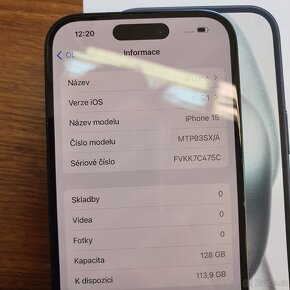 iPhone 15, stav nového, zakoupen CZ 06/24, baterie 100% - 6