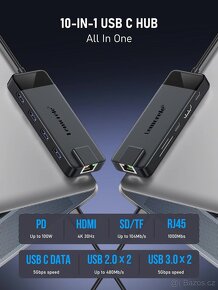 USB-C hub dock 10 v 1, HDMI, LAN, USB-C/A, SD, 100W - 6