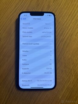 iPhone 14 černý, 128GB, Top STAV, 90% Baterie - 9